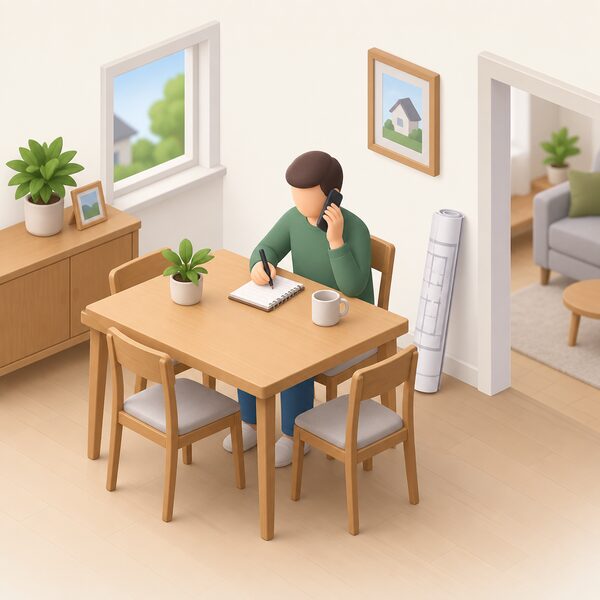 A householder at a table in their home, phone in hand, taking notes on a pad while seeking free advice on improving their home's energy efficiency, with a rolled building plan leaning nearby suggesting renovation work under way.