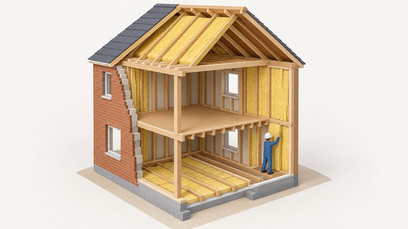 A cutaway drawing of a house during renovation showing the roof, walls and floor structure opened up, with insulation highlighted in each element while a simplified figure fits insulation in the exposed wall before linings go back.