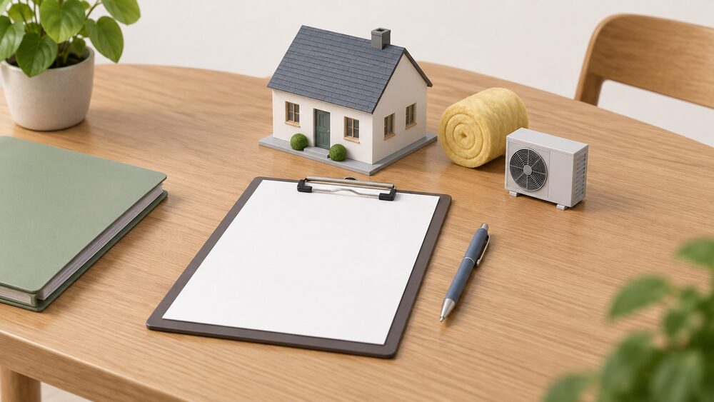 A kitchen table holding a blank assessment form on a clipboard, a pen resting beside it, a small model house with a tiny loft insulation roll and a miniature heat pump unit set apart from the house to show they are not yet chosen, and a folder of paperwork kept closed at the edge.