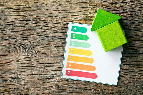 A paper card showing an A to G energy efficiency rating scale with a green toy wooden house on a rustic wooden table