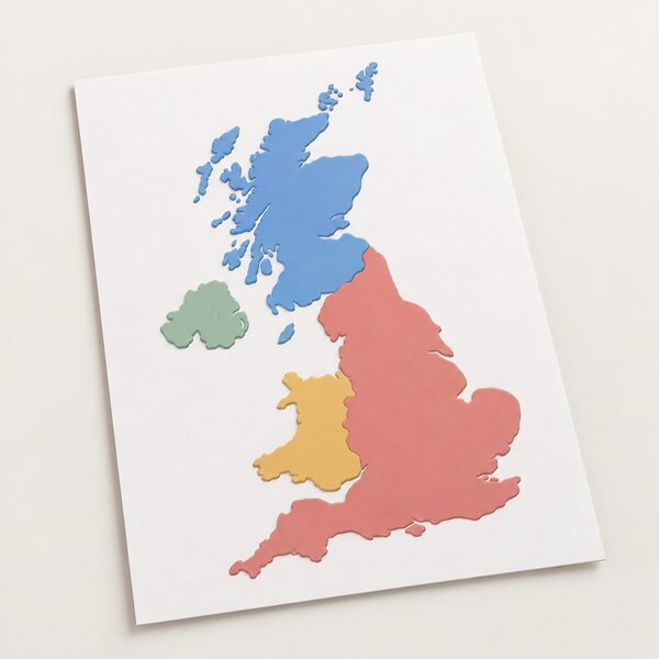 A simplified map of the United Kingdom drawn as a printed sheet, with England, Scotland, Wales and Northern Ireland shown as four separate plain colour regions distinguished only by shading, with no names, labels, numbers or borders text.