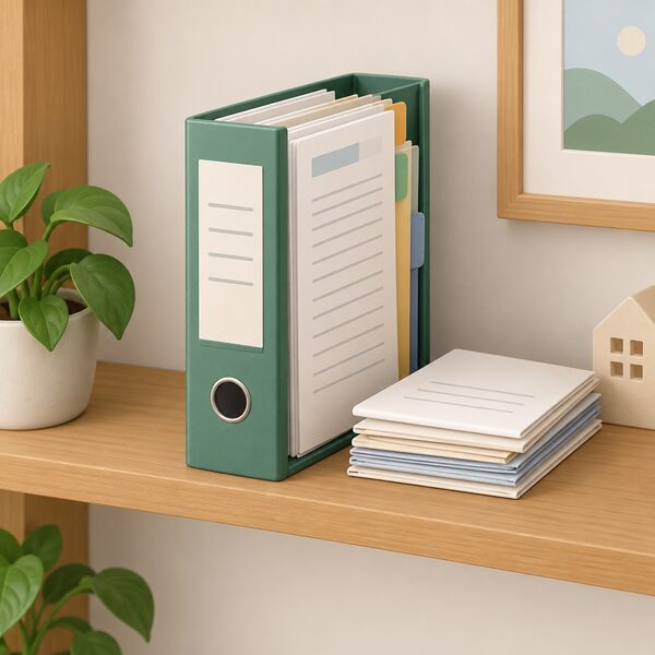 A plain ring binder folder of household energy records standing upright on a wooden shelf in a home, with certificate sheets and service record pages visible as blank lined documents, beside a few stacked folded papers.