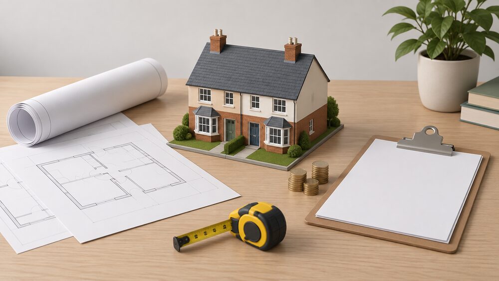 A small model of a semi-detached house sits on a table beside blank architectural drawings of the house, a rolled-up plan, a clipboard with blank quotation sheets, a measuring tape and a small stack of coins, arranged as the moment before planning a whole-house retrofit.