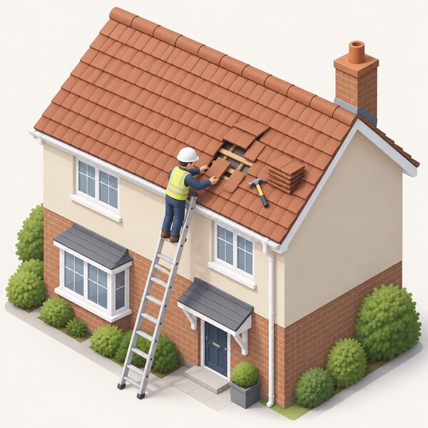 A roofer on a ladder at the eaves of a house repairs slipped and damaged tiles on the pitched roof, with a spare tile stack and tools beside him, the repair work done ahead of any roof insulation being added.