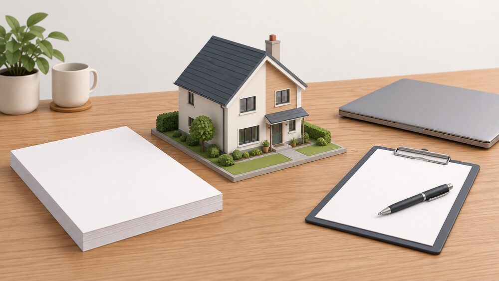 A small cutaway-style model of a house sits on a table beside a thick blank plan document, a clipboard with a pen, and a closed laptop, suggesting a home assessment visit about a whole house retrofit plan.