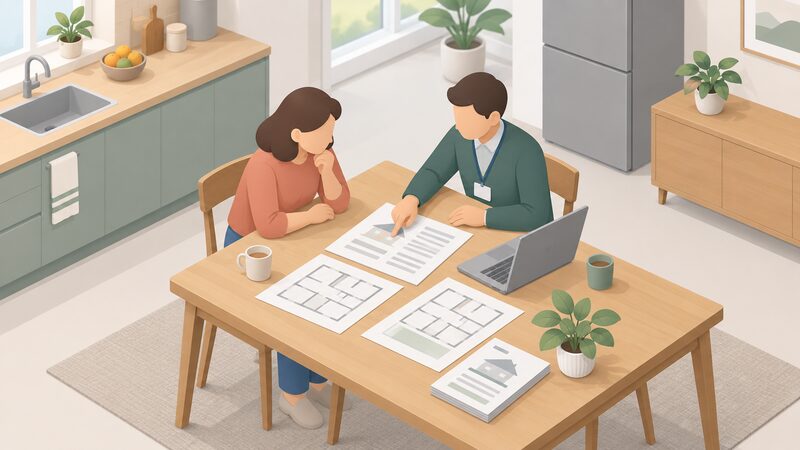 A householder and a retrofit assessor sit together at a kitchen table reviewing a printed whole house plan document, with floor plan sheets spread out and an open laptop between them, the assessor pointing to a section of the plan.