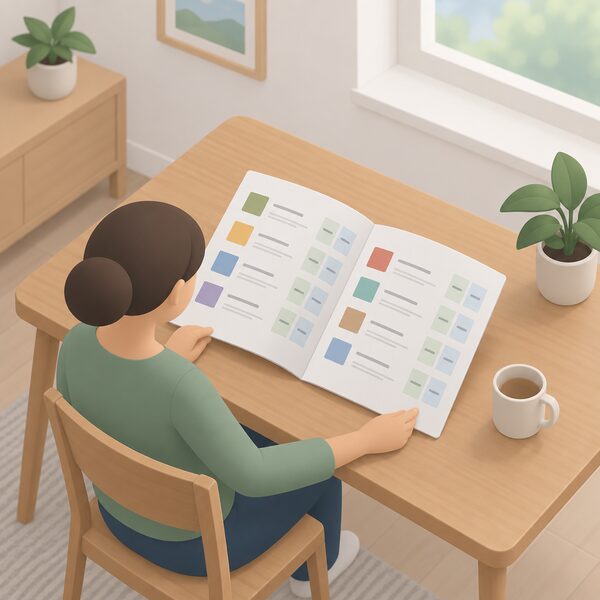 A printed Whole House Plan document lying open on a table in a home, its pages showing plain blocks and blank lines representing a list of energy efficiency measures with costs and carbon savings, with a simplified isometric figure of a household member reading it.