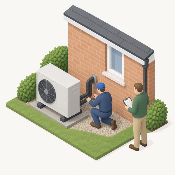 Outside a house, a vetted installer in plain work clothing fits an air source heat pump unit on the ground against the external wall, connecting insulated pipework into the home, while a Retrofit Coordinator stands nearby with a clipboard assessing the installation quality.