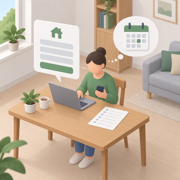 A homeowner at home sitting at a table with a laptop and phone, registering with a home retrofit service while a simple waiting list sheet with blank lines lies beside them, showing the gap between signing up and a booked assessment.