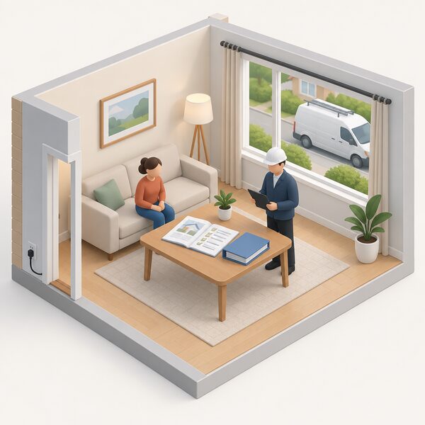A simplified isometric living room where a household's plan document lies open on a table beside a folder of household paperwork, while a coordinator figure stands nearby checking the completed work against the plan, with a contractor's van visible outside the window.