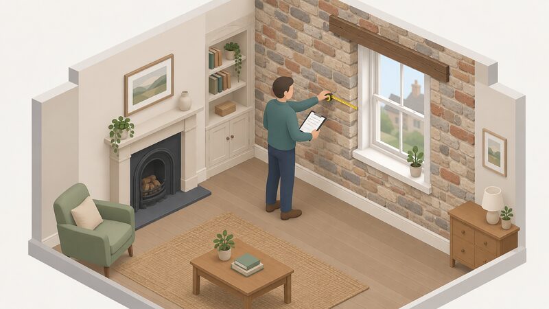 A retrofit assessor inside a period home holds a tape measure against an internal wall while writing construction notes on a clipboard, with exposed stone or brick detailing and a window nearby showing the house's older construction.