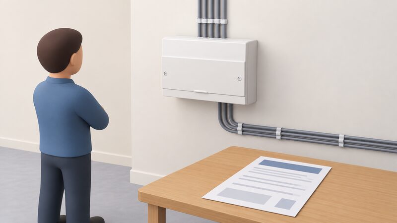 A completed electrical installation, a new consumer unit on a wall with its cover on and cables neatly run, with a building control certificate lying on a nearby table as a physical document shown with blank lines and plain blocks only.