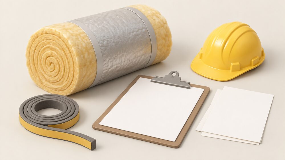 A small tabletop arrangement showing a roll of loft insulation and a length of self-adhesive draught strip laid beside a blank certificate and a clipboard, with a hard hat resting nearby, representing the reversible DIY measures a householder may carry out themselves.