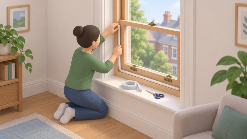 A householder kneeling at an open timber sash window inside a home, pressing a self-adhesive draught strip along the frame where the sashes meet, with a second strip partly applied to the lower sash edge and a small pair of scissors resting on the sill.