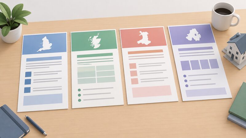 Four printed guidance documents laid side by side on a table, each headed with a plain colour band and a simplified outline of one UK nation, with blank lines and plain blocks standing in for their differing rules and paperwork.