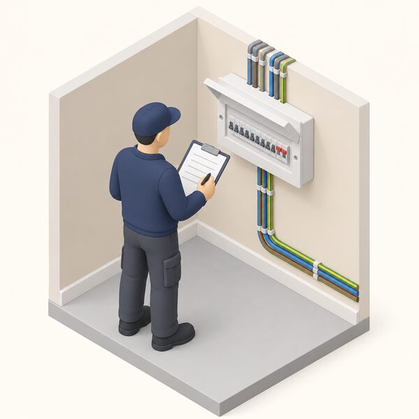 A registered electrician in plain work clothing stands beside a recently altered consumer unit in a home, holding a clipboard certificate and completing an inspection of the new wiring, shown as a small isometric scene with blank lines on the certificate standing in for text.