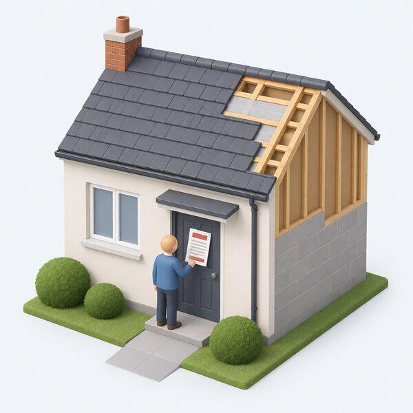 An enforcement notice as a physical document pinned to the front door of a simple house, with the owner figure standing at the door holding the notice, the house shown with plainly non compliant recent work such as an unfinished external wall or uncovered roof patch, all content of the notice shown only as blank lines and plain blocks.