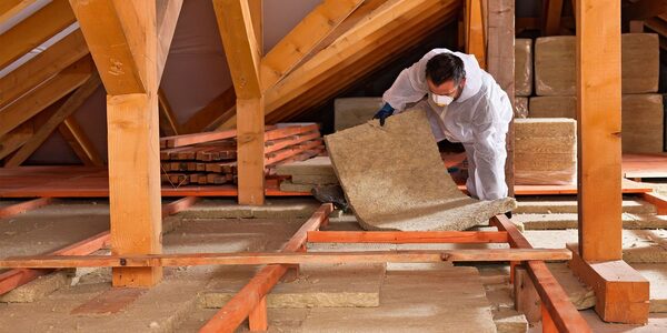A worker in white protective overalls and a mask laying mineral wool insulation between joists in a loft