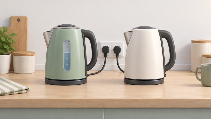 A side-by-side view of an eco kettle with a clearly visible fill indicator window on its body next to a standard electric kettle without one, both standing on a kitchen worktop plugged into a normal wall socket.