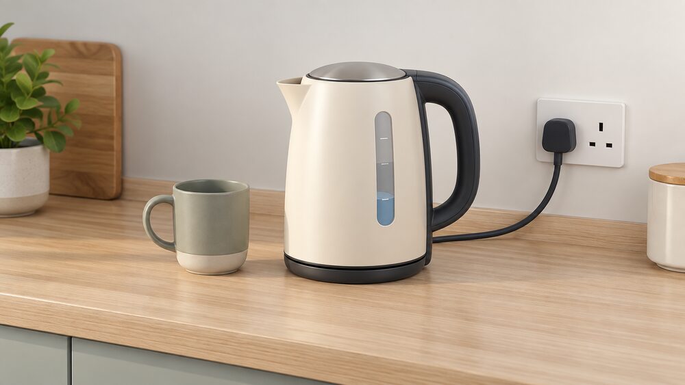 A close-up of an eco kettle on a kitchen worktop, plugged into a wall socket, with its water level fill indicator showing a low volume of water matched to a single mug beside it.