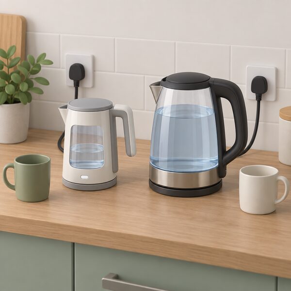 A kitchen worktop scene showing an eco kettle with a small measured water chamber beside a conventional electric kettle with a full jug, both plugged in, so the difference in water volume boiled is visible.