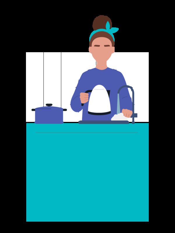 An illustration of a woman filling an electric kettle with water at a kitchen sink next to a saucepan