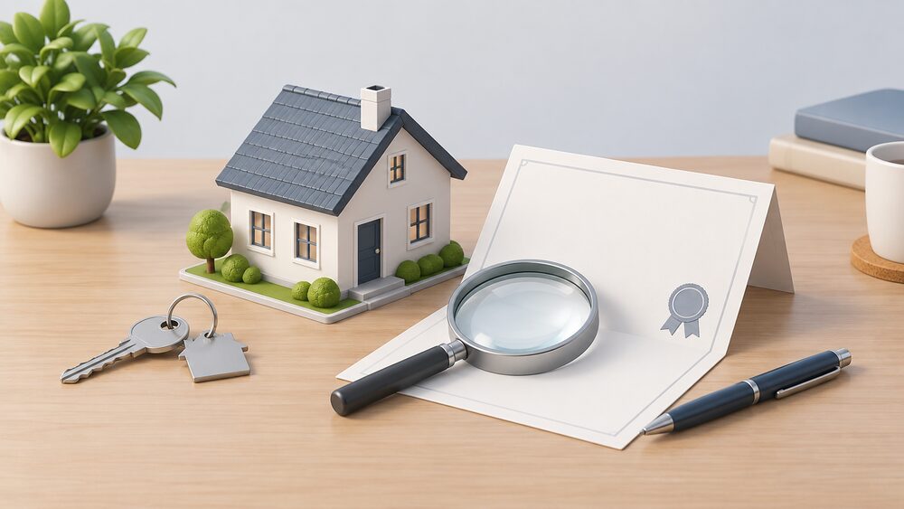 A small model house sits on a table beside a blank folded certificate document, a house key, a magnifying glass resting on the paper and a pen, suggesting a buyer reviewing a property's energy paperwork before purchase.
