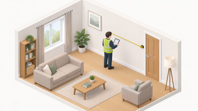 An energy assessor, shown as a small simplified isometric figure, stands in an ordinary domestic room holding a tape measure extended along the wall while recording details on a tablet during an EPC survey visit.