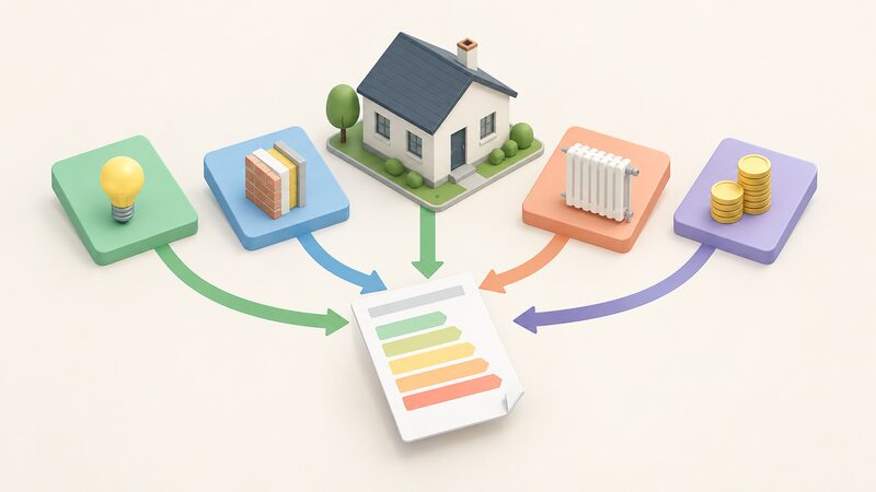 A simplified isometric diagram of a house with four plain labelled blocks representing energy use, fabric, heating system and cost, each connected by plain arrows converging into a single certificate sheet shown as a physical document with blank colour bands and no readable figures.