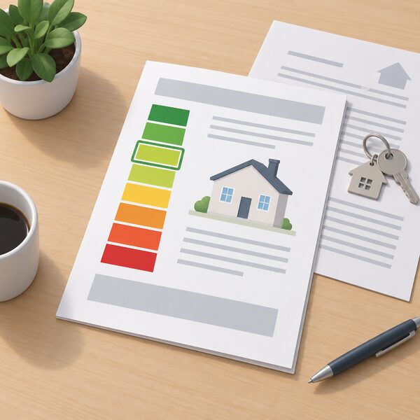 An energy performance certificate lying on a table beside a house purchase paperwork, drawn as a physical printed sheet with a vertical A to G rating band column of plain colour blocks from green to red, one band highlighted, and all other content shown only as blank lines.