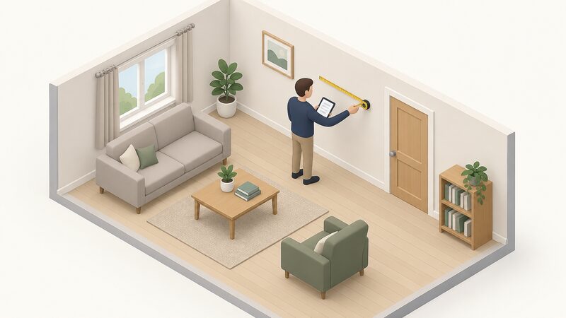 An accredited energy assessor standing inside a domestic room holding a tape measure against an interior wall while recording notes on a tablet, during a visit to assess the home for its EPC.