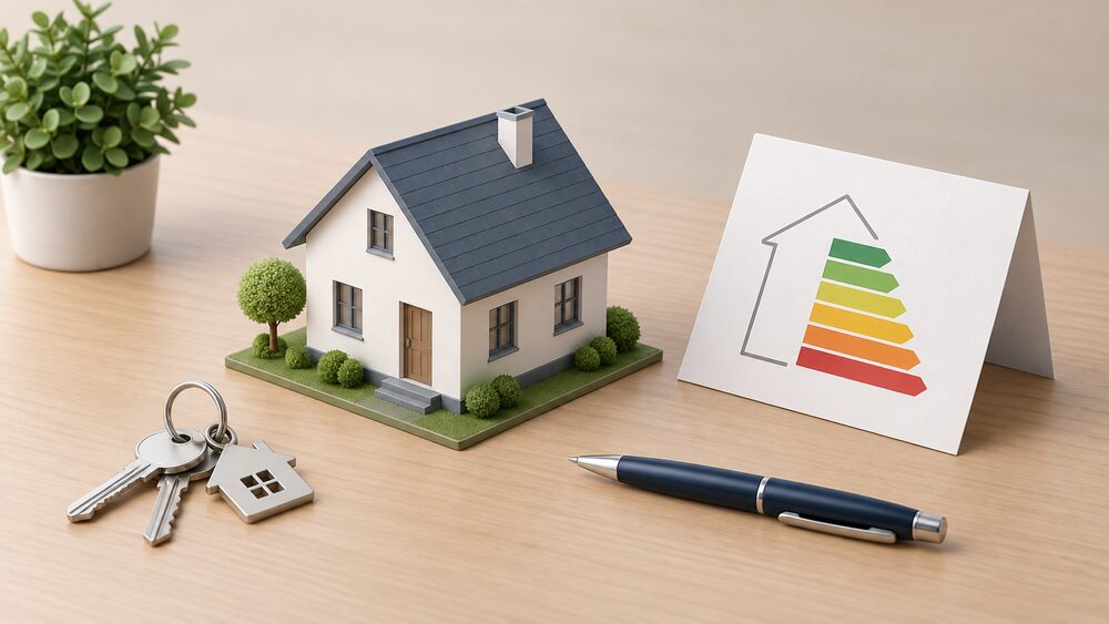 A small model of a house sits on a table beside a folded certificate document, a set of house keys and a pen, suggesting the moment a home is put up for sale with its energy certificate ready.