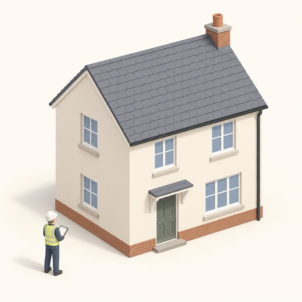 A small simplified energy assessor stands outside a simple detached house holding a clipboard, looking up at the building's walls and roof while surveying it for its EPC, with the house shown as a plain fabric shell of walls, roof and windows.