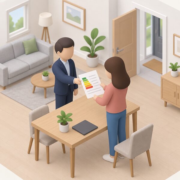 A simplified isometric figure of a home purchaser standing at a table in a house, holding and reading a printed Energy Performance Certificate sheet shown as a physical document with a plain colour band and blank lines, with no readable words or numbers.