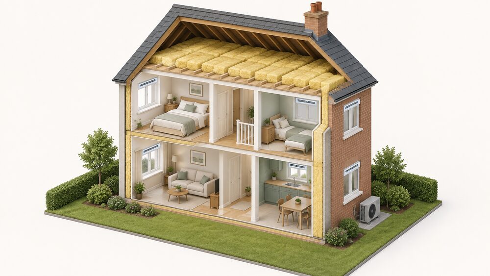 A cutaway of a small house showing thick insulation over the loft joists and lining the inside of a solid external wall, trickle vents in the window frames, and a compact heat pump unit standing outside on the rear wall, sized to the now well-insulated home.