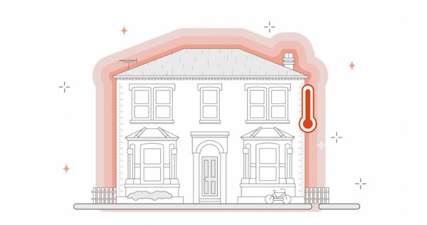 An illustration of a terraced house with a thermometer icon and a warm glow suggesting heat retention