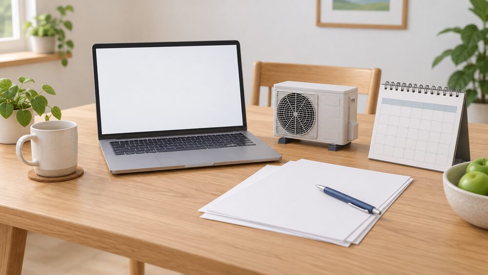 A kitchen table scene with a laptop showing a blank screen, blank application paperwork and a pen beside it, a small model of an outdoor air source heat pump unit, and a wall calendar, representing a household checking grant eligibility before any heating work begins.