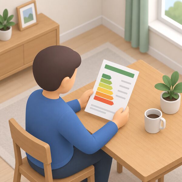 A printed energy performance certificate lying on a table in a home, shown as a physical document with a plain colour band and blank lines, beside a simplified isometric figure of a homeowner holding it ready for a Boiler Upgrade Scheme eligibility check.