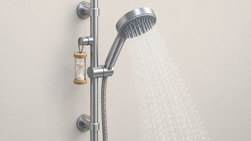 A close-up of a standard shower head on its riser rail in a bathroom, with a small sand timer hanging from the rail beside it and water flowing from the head.