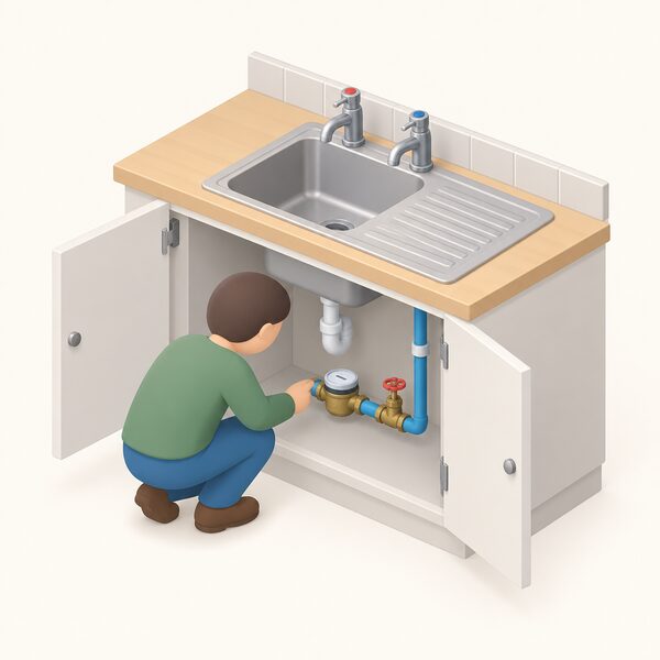 A small isometric figure crouching under a kitchen sink beside a water meter fitted inline on the cold supply pipe next to the stopcock, with the sink and its taps above and the pipe running up to them.