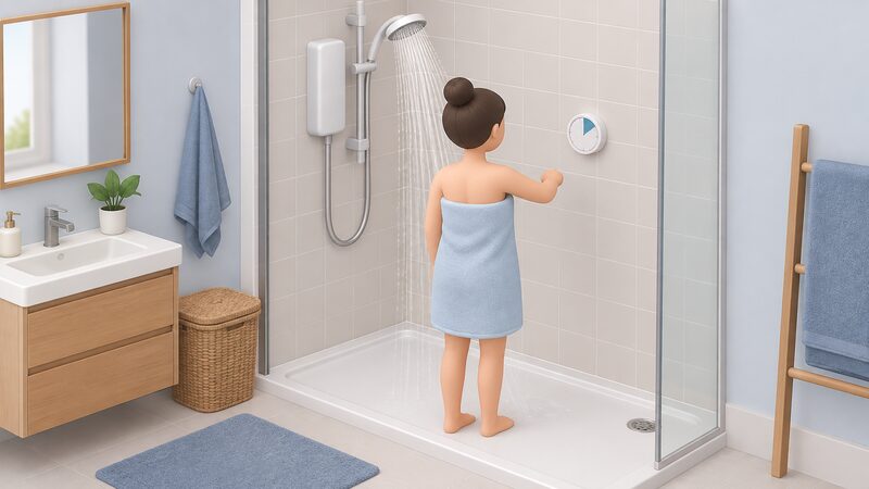 A householder in a bathroom stands at a running electric-style shower over a bath or tray, glancing at a small waterproof timer mounted on the tiled wall within easy view, timing the shower to a four-minute target.