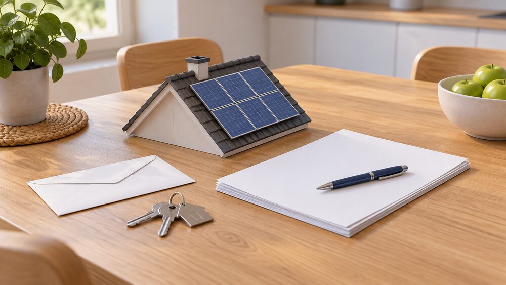 A small model of a house roof with solar panels sits beside a stack of blank contract papers, a pen resting on them, a plain envelope and a set of keys, all arranged on a kitchen table in daylight.