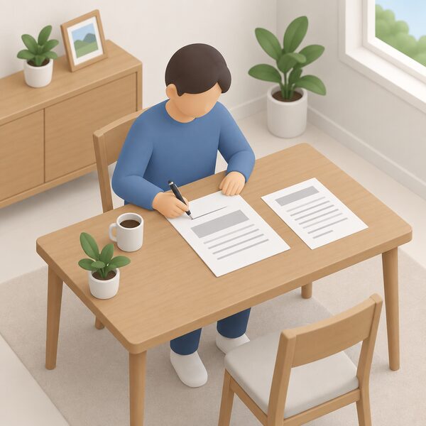 A simplified isometric consumer seated at a table at home reading a printed contract document with blank lines and plain blocks, pen in hand about to sign, with a second information sheet beside it.