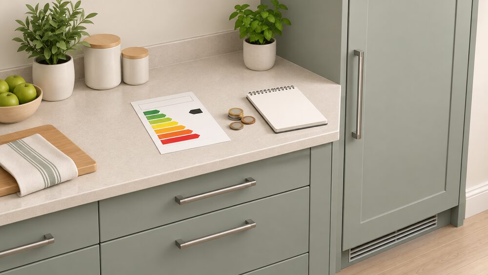 A kitchen worktop beside a closed integrated fridge freezer cabinet door, with the appliance's supplied energy label sheet lying on the worktop next to a small stack of coins and a blank notepad, showing the moment of comparing a hidden appliance's running cost.