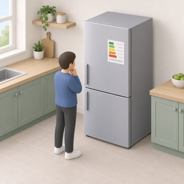 A freestanding fridge freezer standing in a domestic kitchen with its energy label attached to the front door, shown as a plain colour band with blank lines, a small isometric figure standing beside it looking at the label.