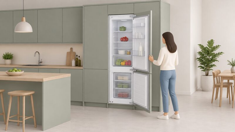 A kitchen scene showing an integrated fridge freezer built into a run of matching cabinets, its cabinet door panel swung open to reveal the fridge and freezer compartments inside, with no energy label visible on the cabinet front.