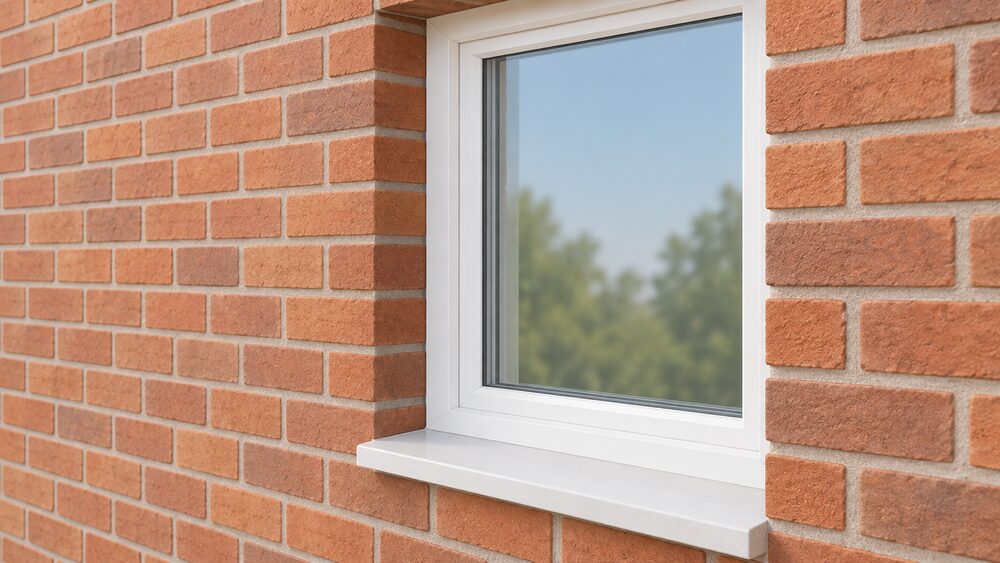 A close-up of a window opening set in an external brick wall of a home, seen from outside, with the brick reveal beside the window frame shown clearly so its thickness can be judged, the surrounding brickwork laid in a regular pattern with no other equipment or setting visible.