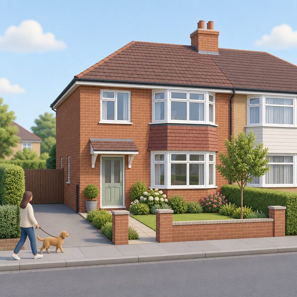 A typical British semi-detached house seen from the street, one half of a mirrored pair on a residential street, with a pitched roof, brick front, front garden and neighbouring house sharing its party wall.