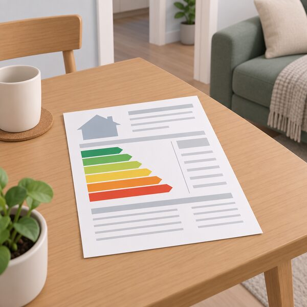 An EPC certificate as a physical document lying on a table in a privately rented home, shown as a printed sheet with a plain colour band for the rating and blank lines for property details, with no readable words or numbers.
