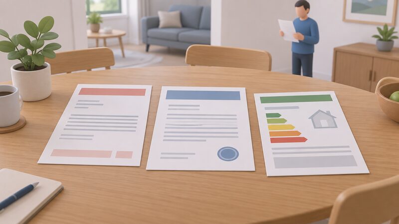 Three paper documents — a building control notice, a CIGA guarantee certificate and an energy performance certificate — laid out together on a table in a home, shown as physical sheets with blank lines and plain colour bands instead of readable content.